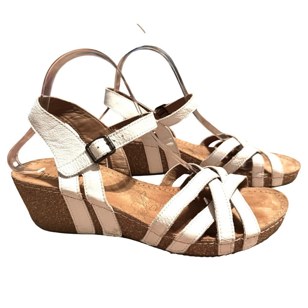 Bjorndal Lily Wedge White Leather Sandals Ankle Strap Resort Comfort Shoes sz 11